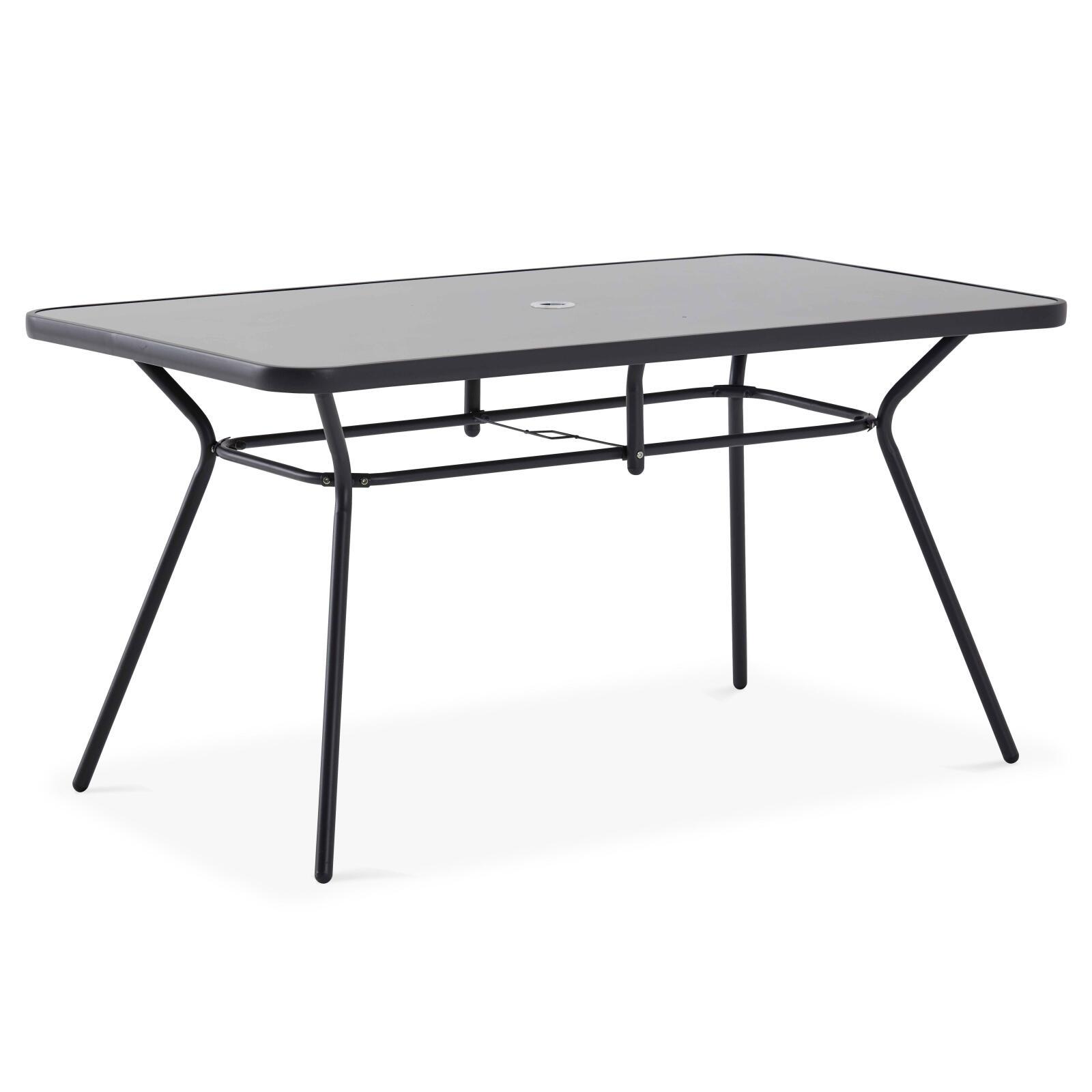 Tavolo da giardino rettangolare 140 x 80 cm, 6 sedie con braccioli e un ombrellone