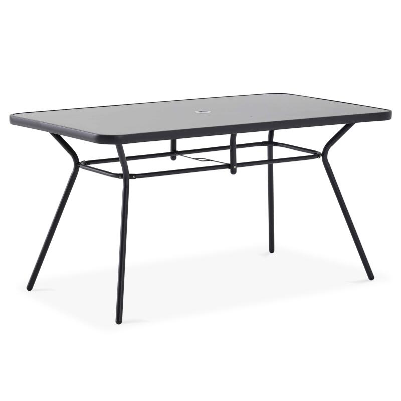 Tavolo da giardino rettangolare 140 x 80 cm, 6 sedie con braccioli e un ombrellone