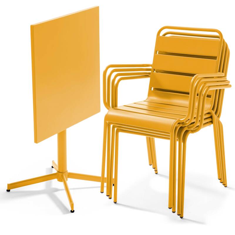 Tavolo da giardino quadrato da bistrot pieghevole 70 x 70 cm e 4 sedie con braccioli in metallo
