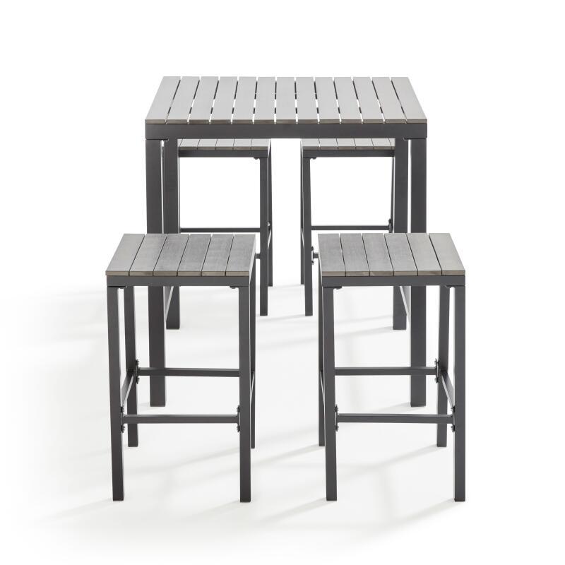 Tavolo alto da giardino 90 x 80 cm in alluminio e polywood con 4 sgabelli