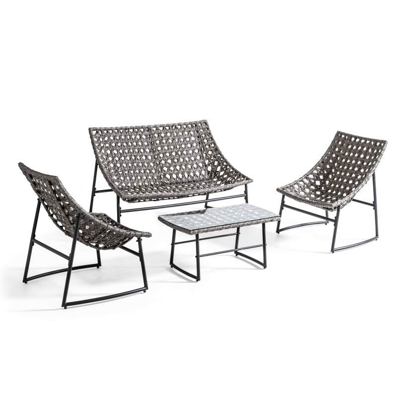 Salotto da giardino in resina a 4 posti con un divano, 2 poltrone e un Tavolina da salotto