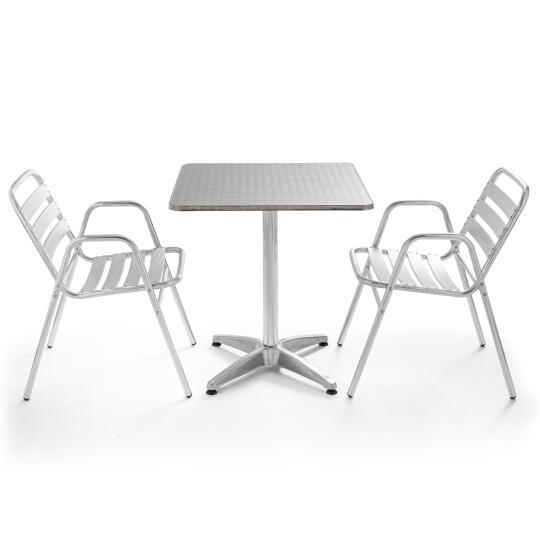 Tavolo da giardino quadrato da bistrot 70 x 70 cm in alluminio e 2 sedie con braccioli