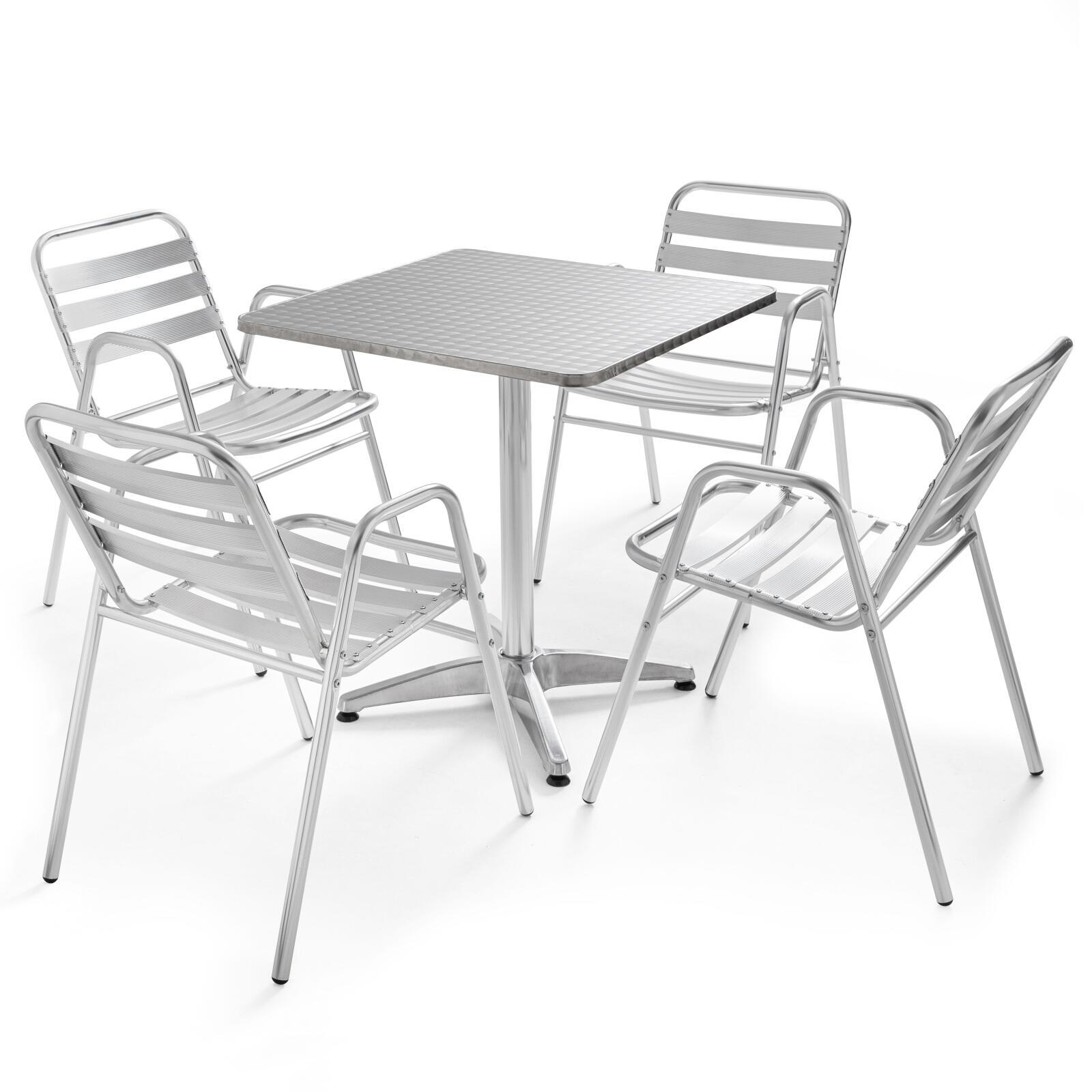 Tavolo da giardino quadrato da bistrot 70 x 70 cm e 4 sedie con braccioli in alluminio
