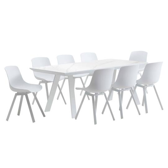 Tavolo da giardino rettangolare 180 x 90 cm in alluminio e pietra sinterizzata con 8 sedie