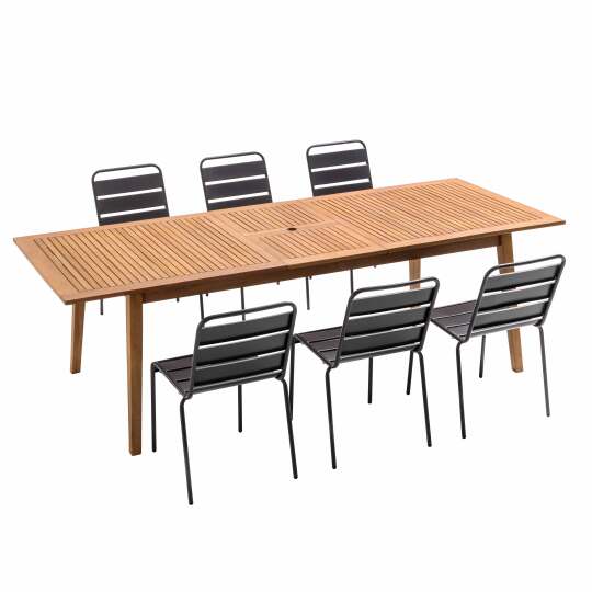 Tavolo da giardino allungabile in legno + 6 sedie in metallo grigio | Oviala