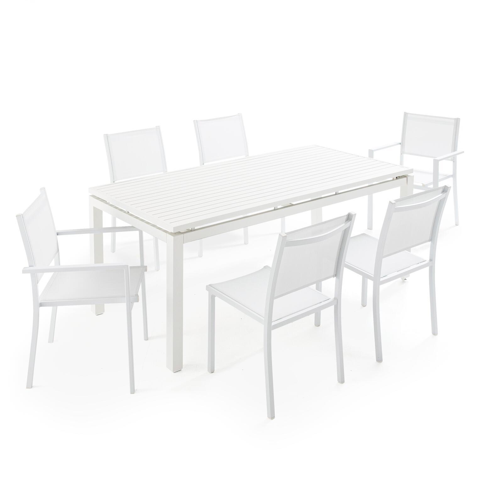 Tavolo da giardino rettangolare allungabile in alluminio con 6 sedie e 2 sedie con braccioli
