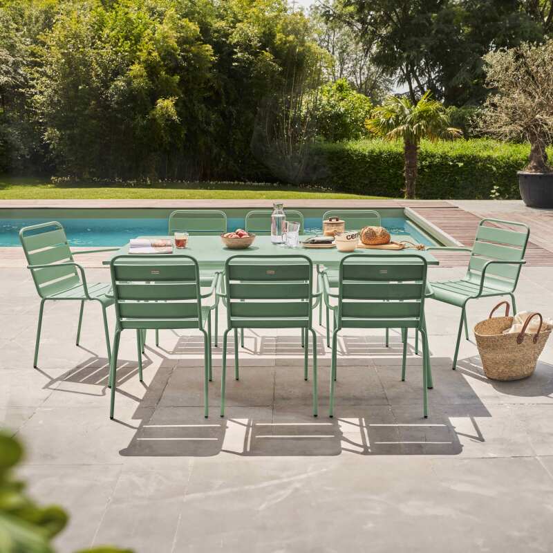 Tavolo da giardino in metallo 180x90 cm e 8 sedie con braccioli - Lifestyle