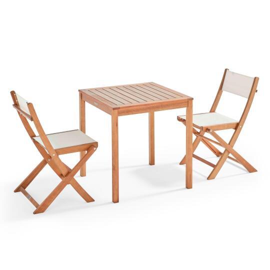 Tavolo da giardino quadrato 70 x 70 cm e 2 sedie pieghevoli in Textilene e legno di eucalipto FSC®