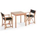 Tavolo da giardino quadrato 70 x 70 cm + 2 sedie con braccioli pieghevoli in legno FSC® e tessiline