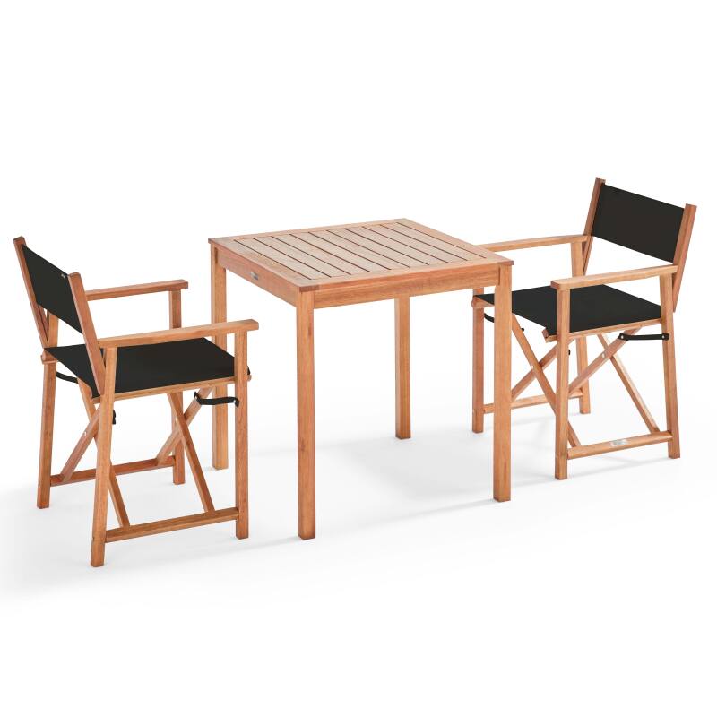 Tavolo da giardino quadrato 70 x 70 cm + 2 sedie con braccioli pieghevoli in legno FSC® e tessiline