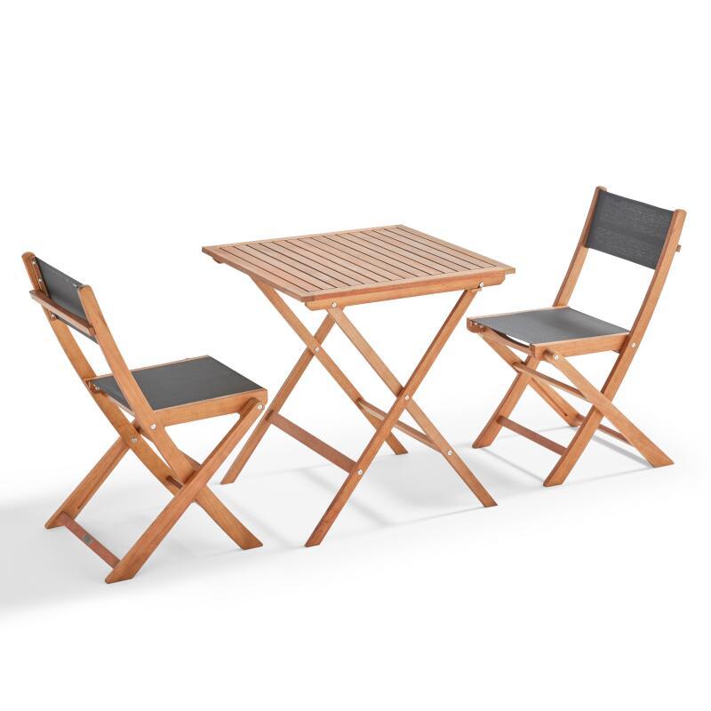 Tavolo da giardino quadrato pieghevole 70 x 70 cm con 2 sedie pieghevoli in legno FSC® e tessiline