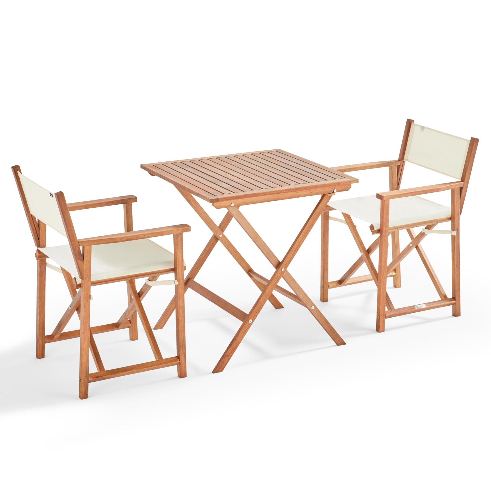 Tavolo bistrot quadrato 70 x 70 cm + 2 sedie con braccioli pieghevoli in legno FSC® e tessiline