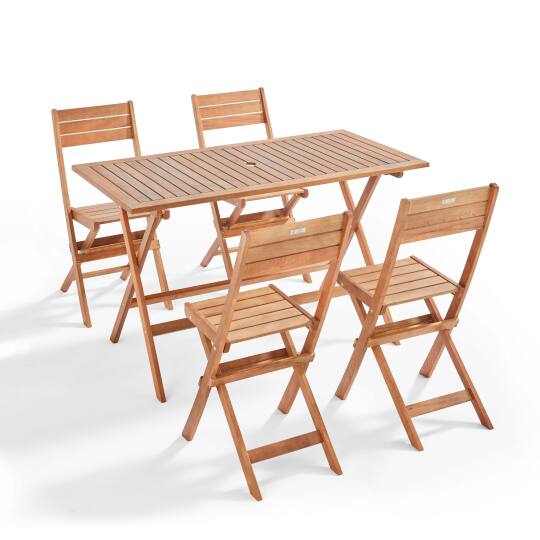 Tavolo da giardino rettangolare 140 x 70 cm + 4 sedie pieghevoli in legno di eucalipto FSC®