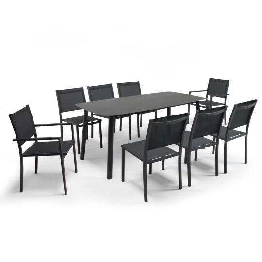 Tavolo da giardino in alluminio e pietra 180x90 cm e 8 sedie con braccioli in texilene | Oviala