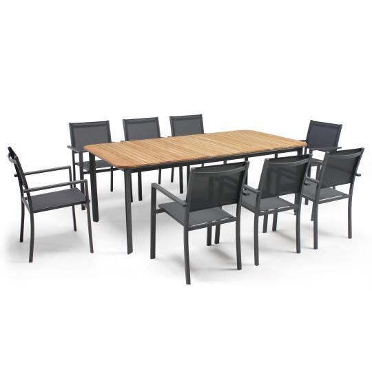 Tavolo da giardino rettangolare in alluminio/teak 200 x 100 cm e 8 sedie con braccioli