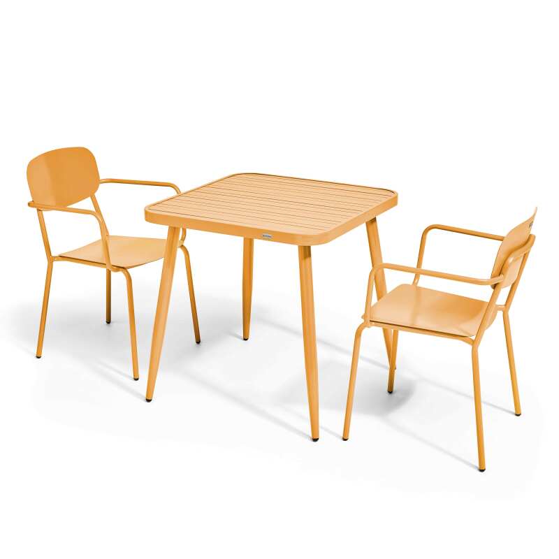 Tavolo da giardino quadrato 75 x 75 cm e 2 sedie con braccioli in alluminio