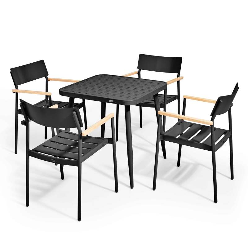 Tavolo da giardino quadrato 75 x 75 x 76 cm e 4 sedie con braccioli in alluminio e legno