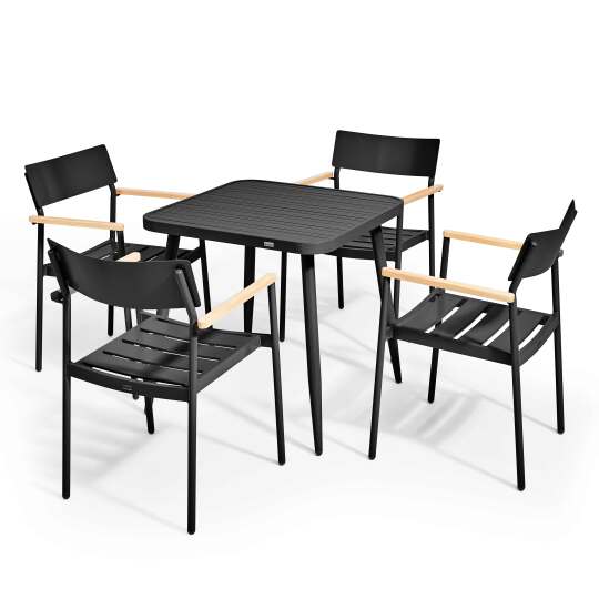 Tavolo da giardino quadrato 75 x 75 x 76 cm e 4 sedie con braccioli in alluminio e legno