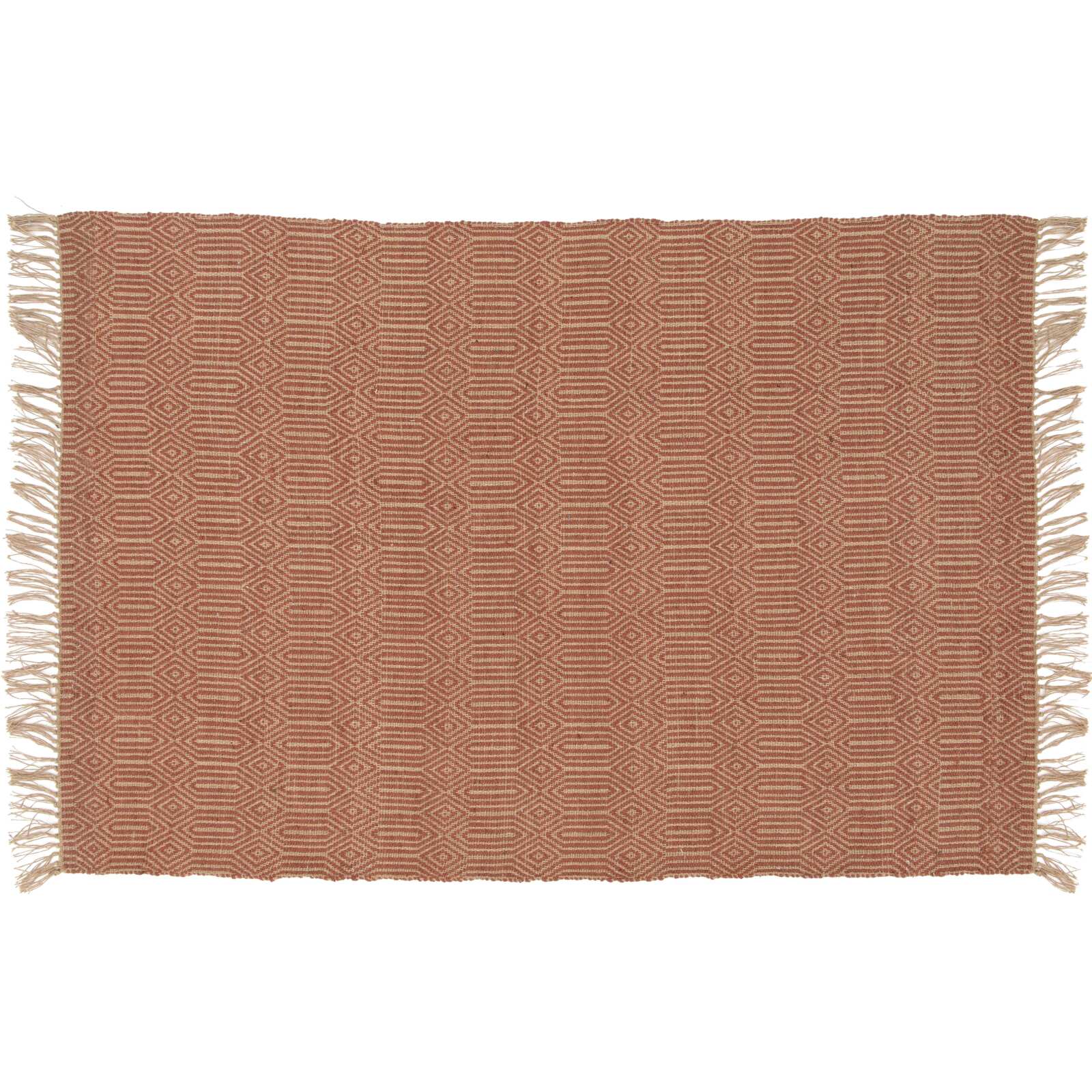 Tappeto rettangolare con frange in juta naturale, tessuto a mano a pelo corto