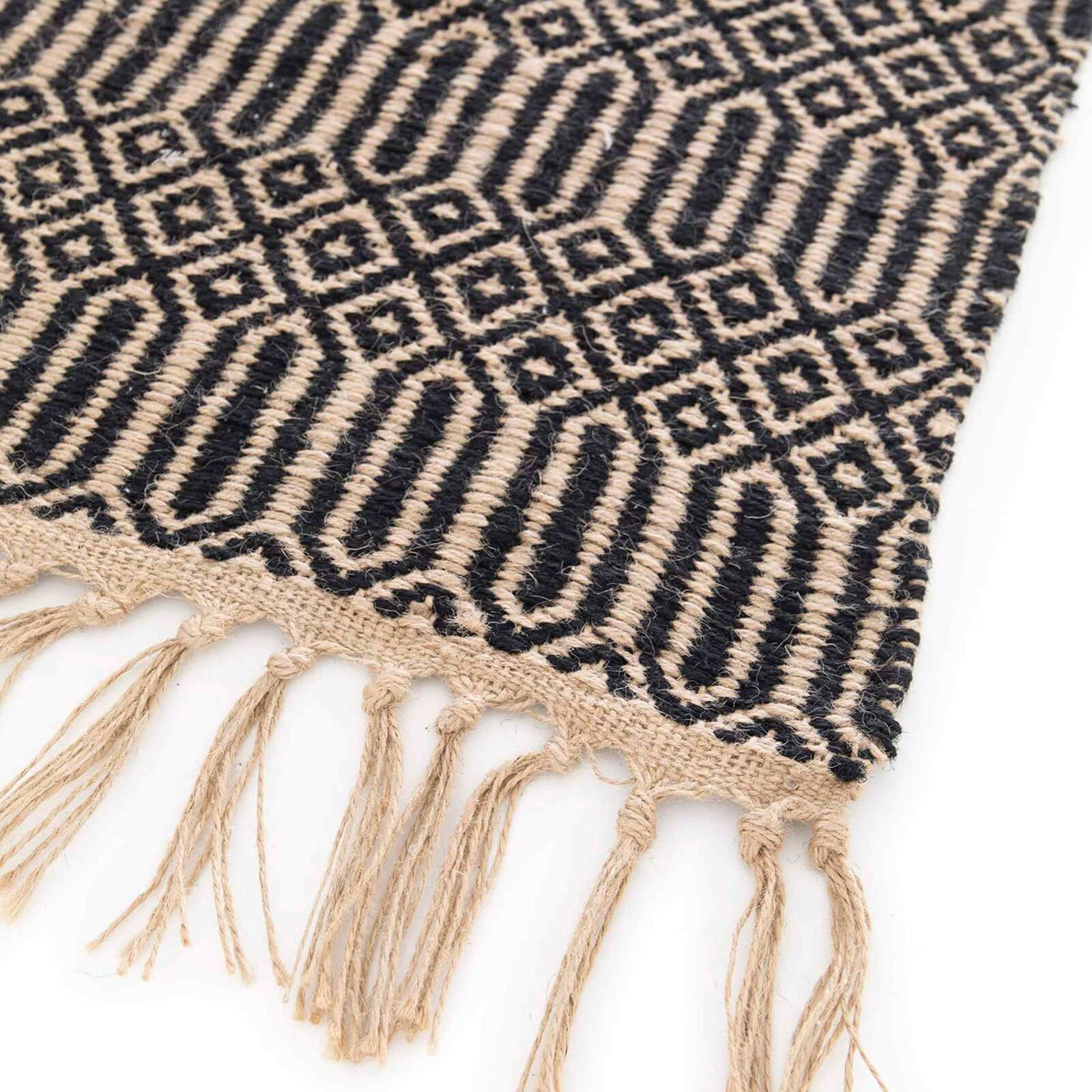 Tappeto rettangolare con frange in juta naturale, tessuto a mano a pelo corto