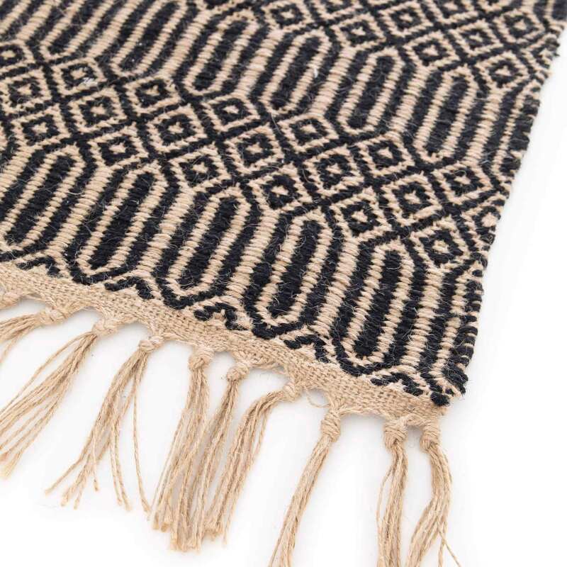 Tappeto rettangolare con frange in juta naturale, tessuto a mano a pelo corto