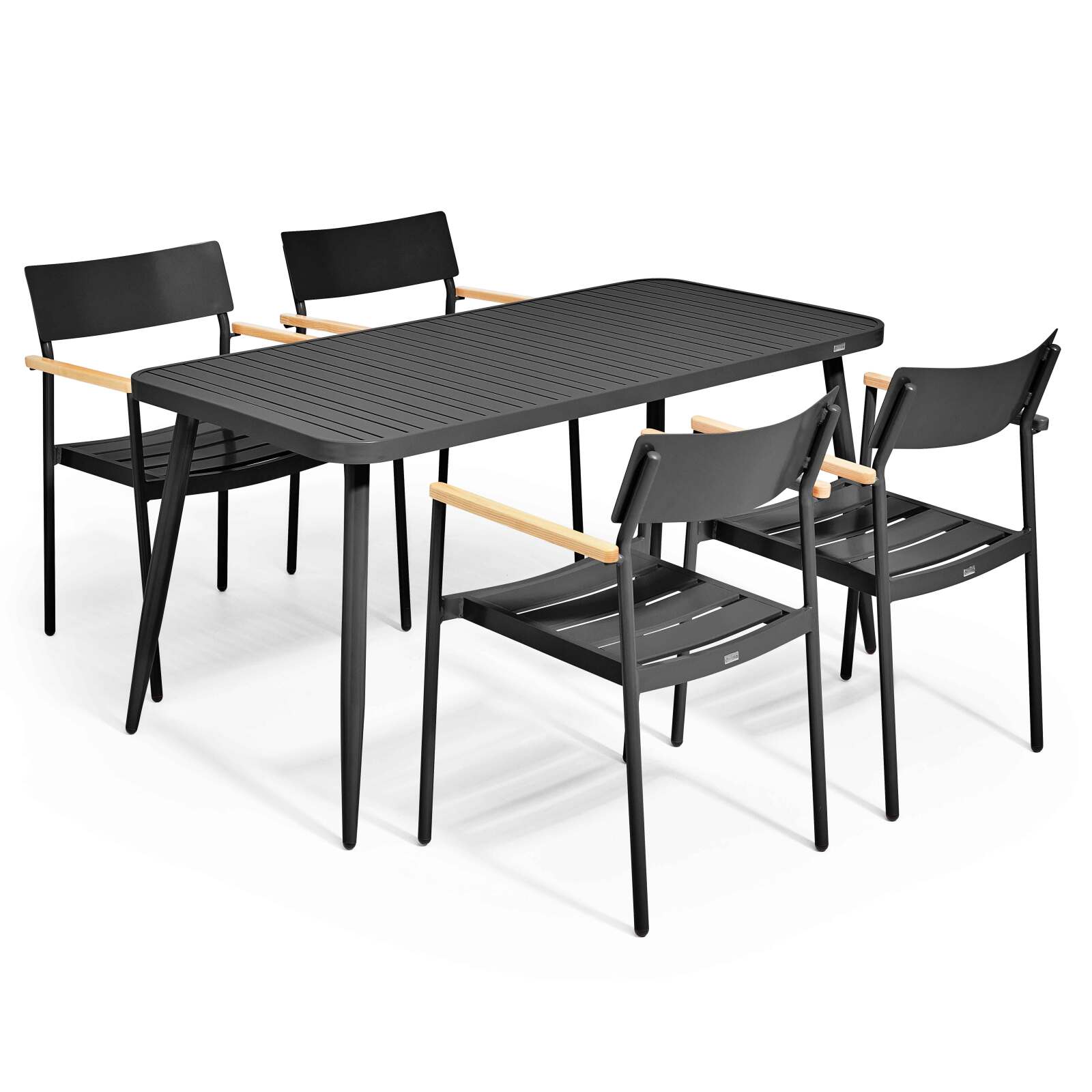 Table de jardin rectangulaire 150 x 75 cm avec 4 chaises avec accoudoirs en aluminium et bois