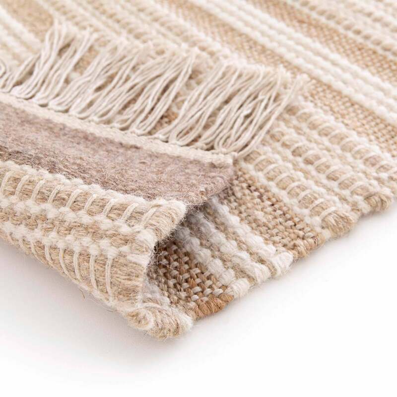 Tappeto rettangolare in lana e iuta rigato, a tessitura piatta a pelo corto