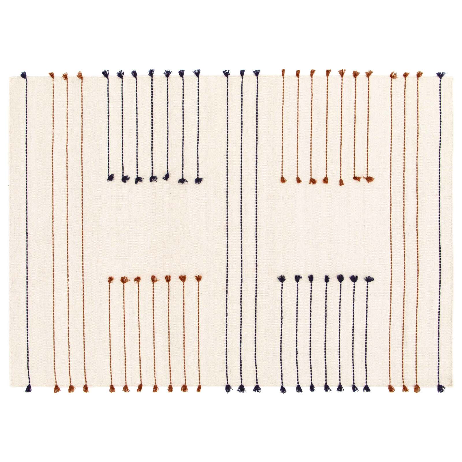 Tappeto rettangolare in lana tessuto a mano con pompon a pelo corto