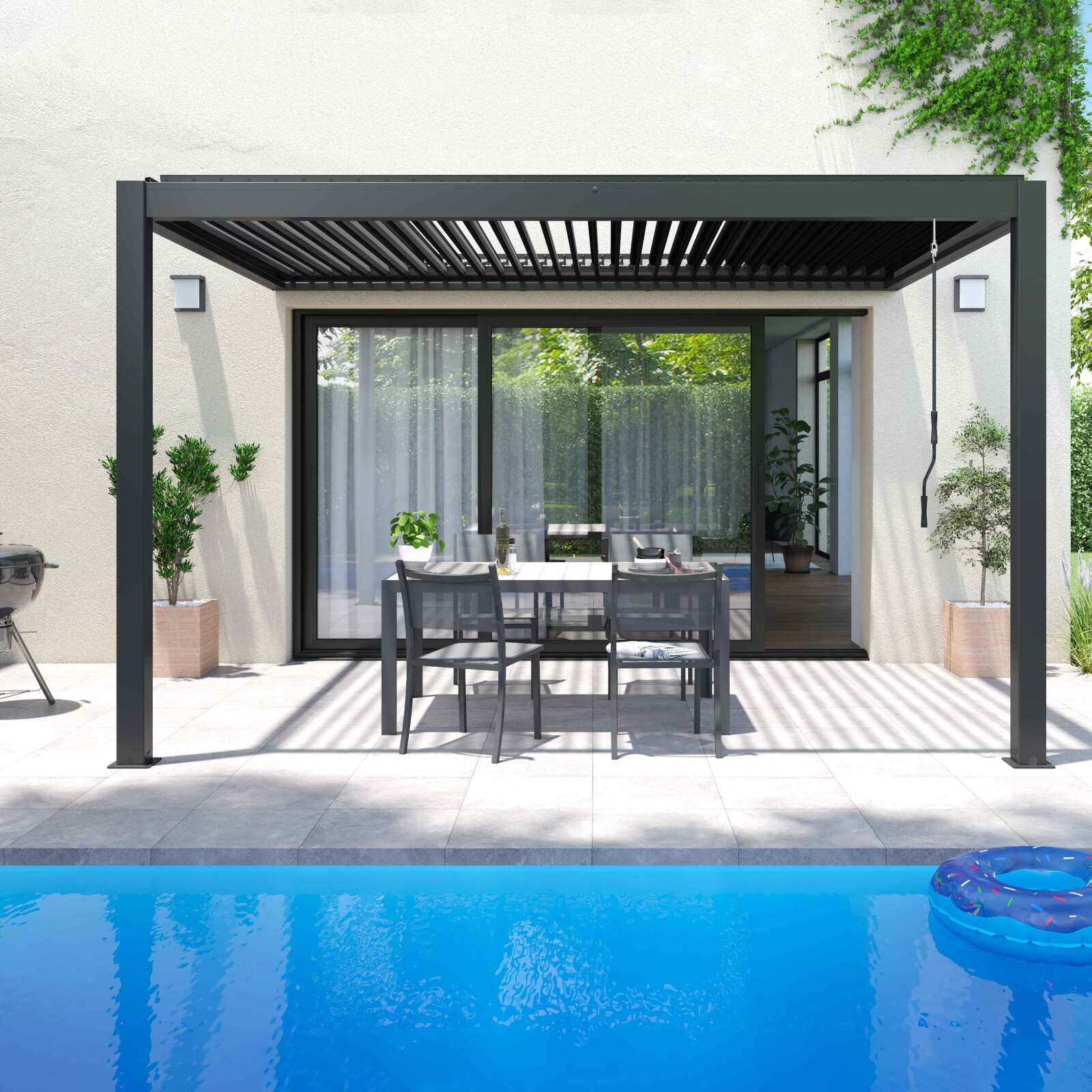 Pergola bioclimatica in alluminio addossata di 3x4 m con 1, 2 o 3 tende da sole