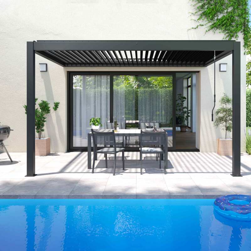 Pergola bioclimatica in alluminio addossata di 3x4 m con 1, 2 o 3 tende da sole