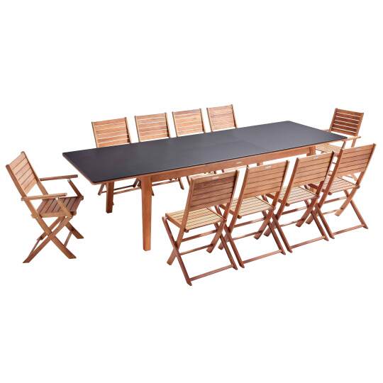Tavolo da giardino rettangolare allungabile con 8 sedie pieghevoli e 2 con braccioli in eucalipto FSC®
