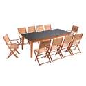 Tavolo da giardino rettangolare allungabile con 8 sedie pieghevoli e 2 con braccioli in eucalipto FSC®