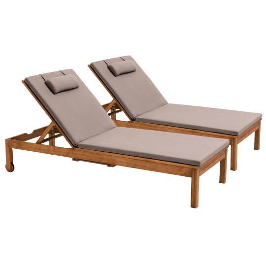 Set di 2 lettini prendisole con cuscino e ripiano in legno di eucalipto FSC®