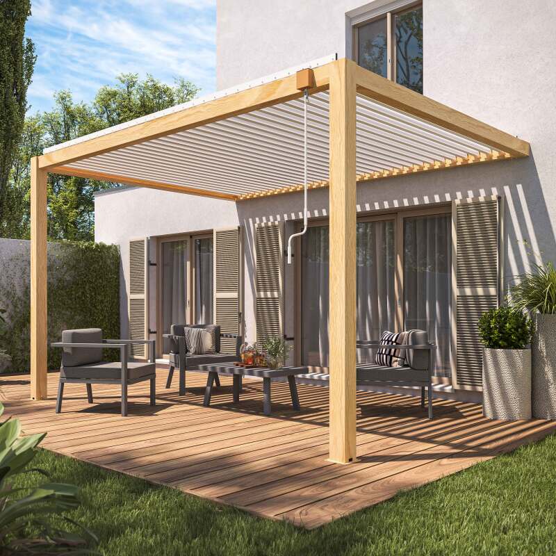 Pergola bioclimatica addossata 3 x 4 m in alluminio bianco con decoro legno con 1 tenda
