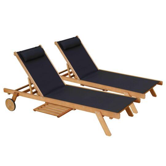 Set di 2 lettini prendisole con cuscino e ripiano + 5 posizioni in legno di eucalipto FSC®