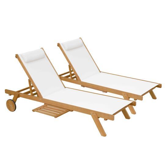 Set di 2 lettini prendisole con cuscino e ripiano + 5 posizioni in legno di eucalipto FSC®