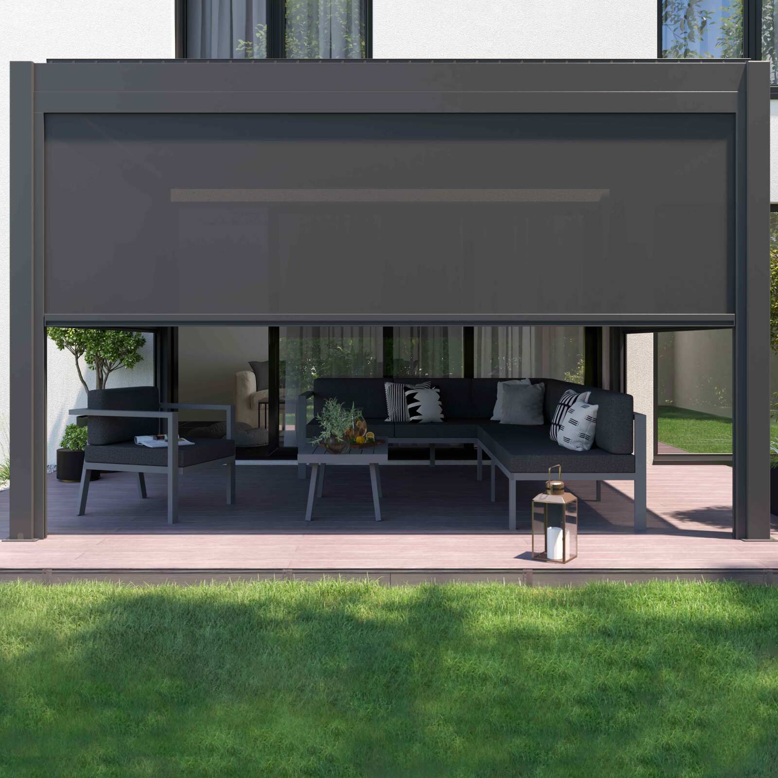 Pergola bioclimatica autoportante in alluminio motorizzata/illuminata di 3x4 m con 1, 2 o 3 tende da sole Pergola bioclimatica autoportante in alluminio motorizzata/illuminata di 3x4 m con 1, 2 o 3 tende da sole