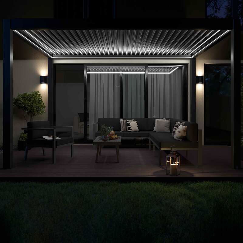 Pergola bioclimatica autoportante in alluminio motorizzata/illuminata di 3x4 m con 1, 2 o 3 tende da sole