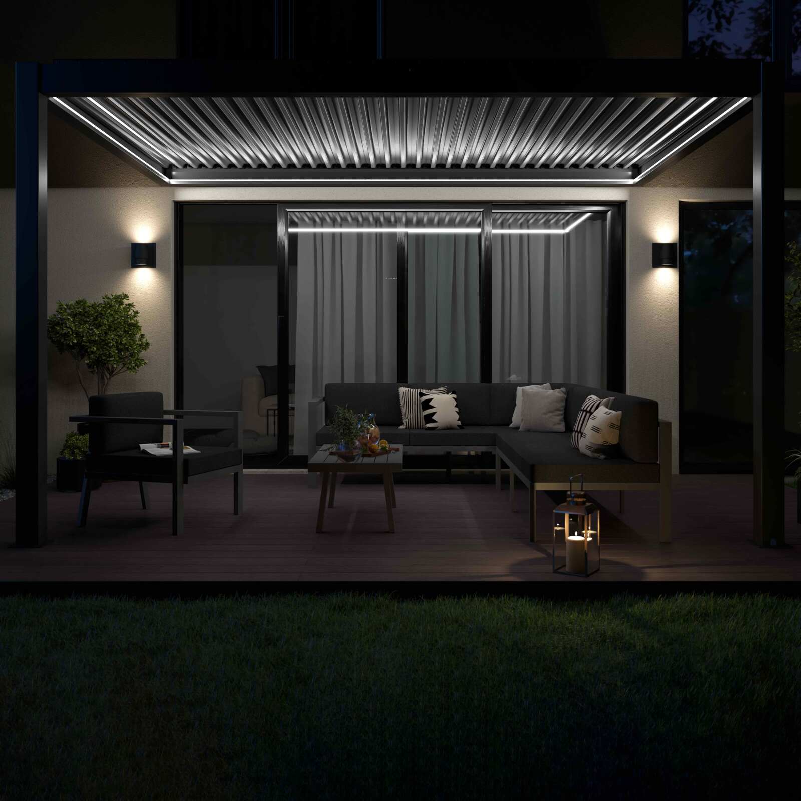 Pergola addossata in alluminio 3x4m motorizzata/illuminata con 1, 2 o 3 tende da sole
