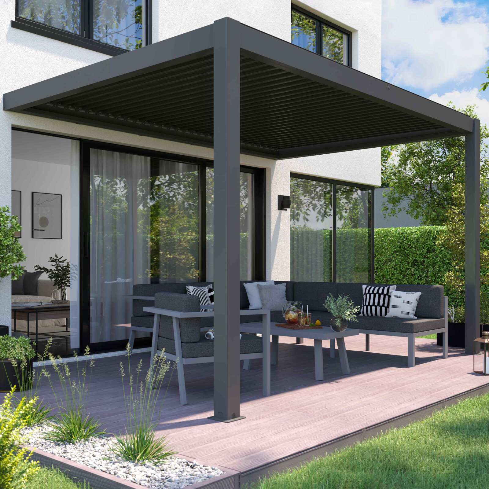 Pergola addossata in alluminio 3x4m motorizzata/illuminata con 1, 2 o 3 tende da sole