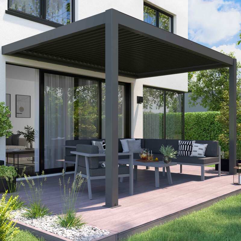 Pergola addossata in alluminio 3x4m motorizzata/illuminata con 1, 2 o 3 tende da sole