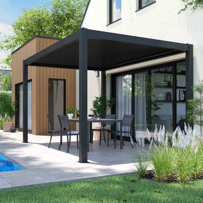 Pergola bioclimatica autoportante in alluminio di 3x4 m con 1, 2 o 3 tende da sole
