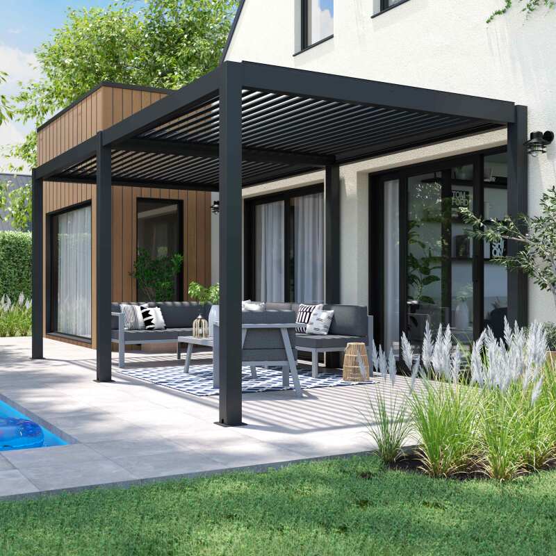 Pergola bioclimatica autoportante in alluminio di 3x6 m con 2 o 4 tende da sole