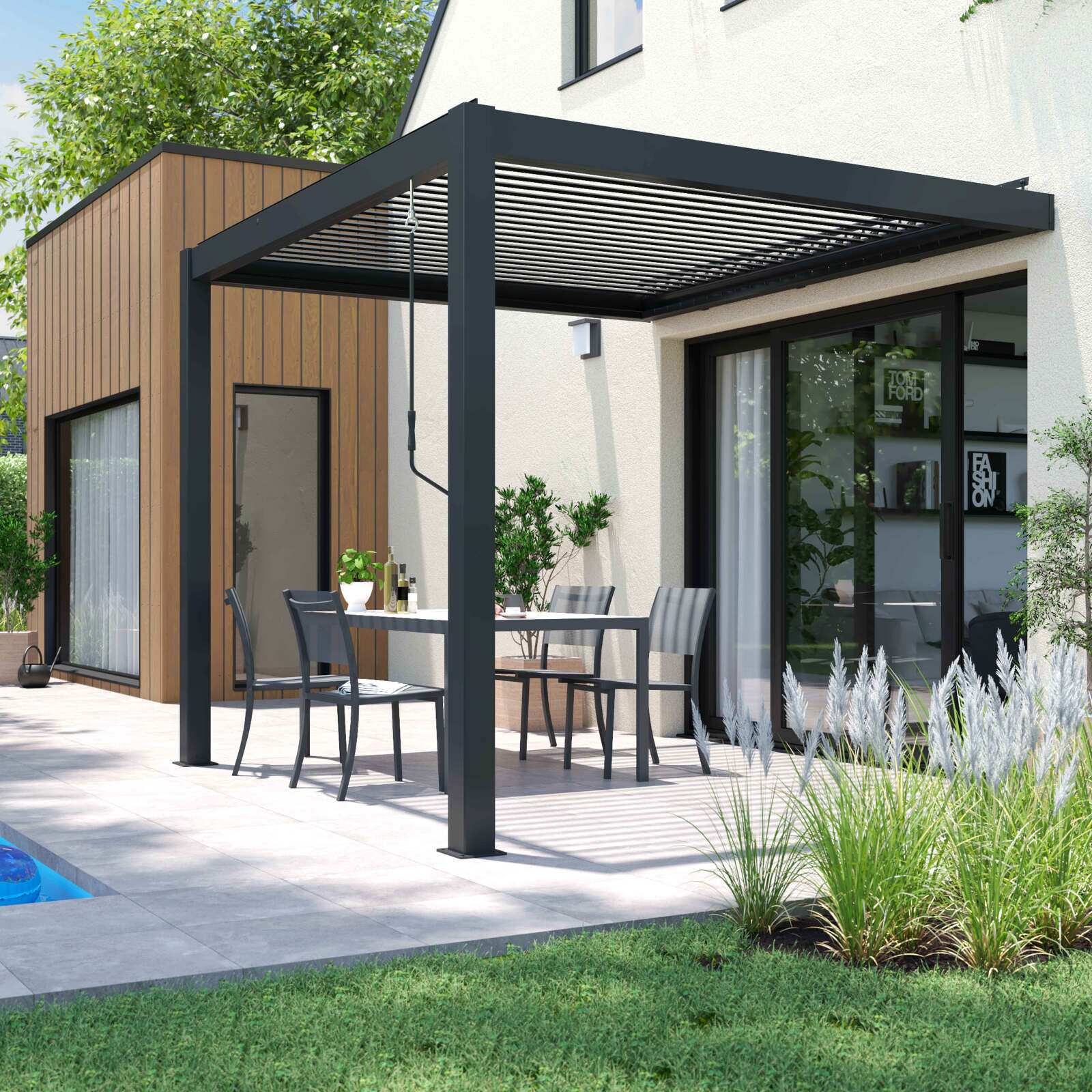 Pergola bioclimatica in alluminio addossata di 3x3 m con 1, 2 o 3 tende da sole