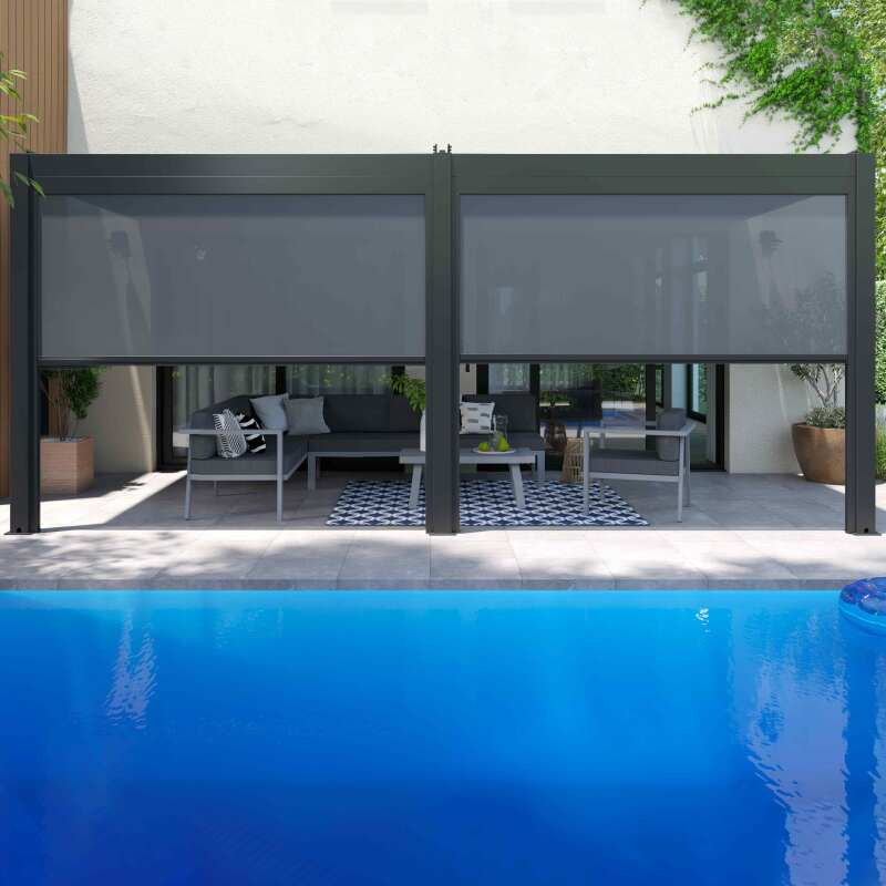 Pergola bioclimatica in alluminio addossata di 3x6 m con 2 o 4 tende da sole