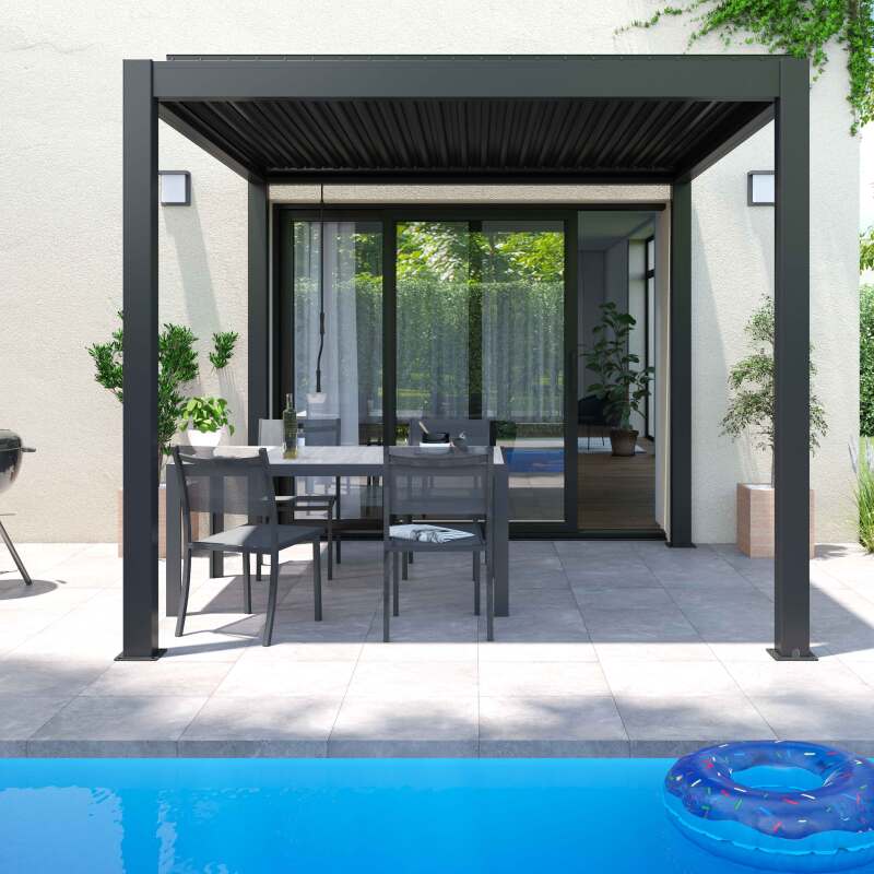 Pergola bioclimatica autoportante in alluminio di 3x3 m con 1, 2 o 3 tende da sole