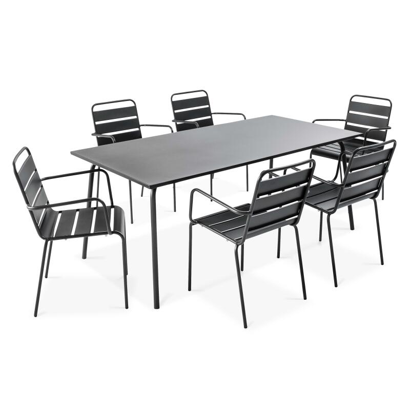 Tavolo da giardino rettangolare 180 x 90 cm e 6 sedie con braccioli in metallo