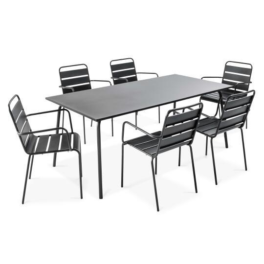 Tavolo da giardino rettangolare 180 x 90 cm e 6 sedie con braccioli in metallo
