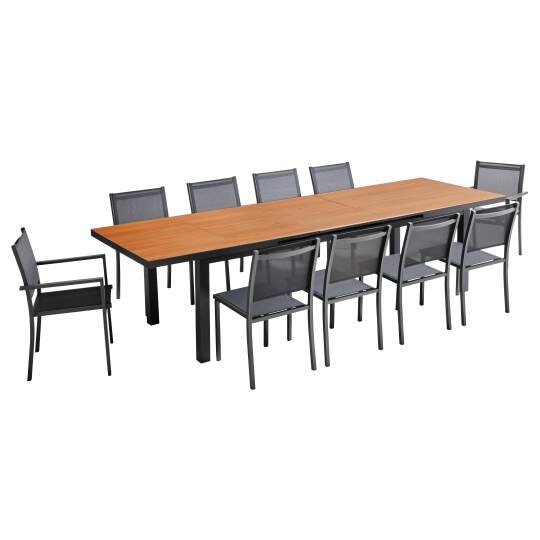Set tavolo allungabile da giardino rettangolare 320 x 100 x 76 cm con 8 sedie e 2 sedie con braccioli