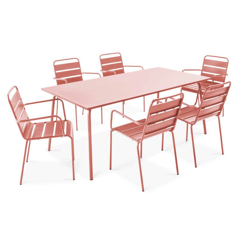 Tavolo da giardino rettangolare 180 x 90 cm e 6 sedie con braccioli in metallo